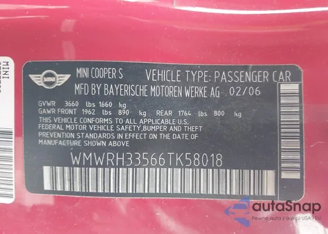 2006 Mini Cooper S from USA, damaged, VIN WMWRH33566TK58018